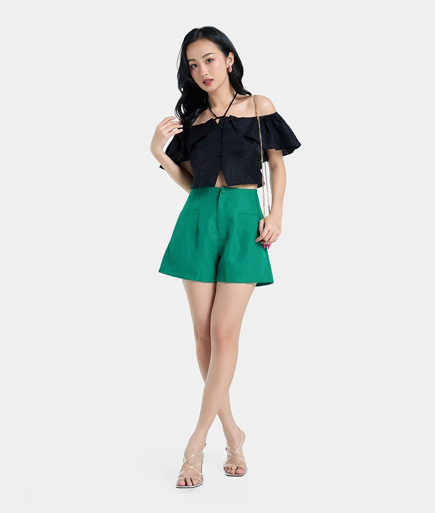 Áo croptop tay bèo nút bọc buộc nơ cổ