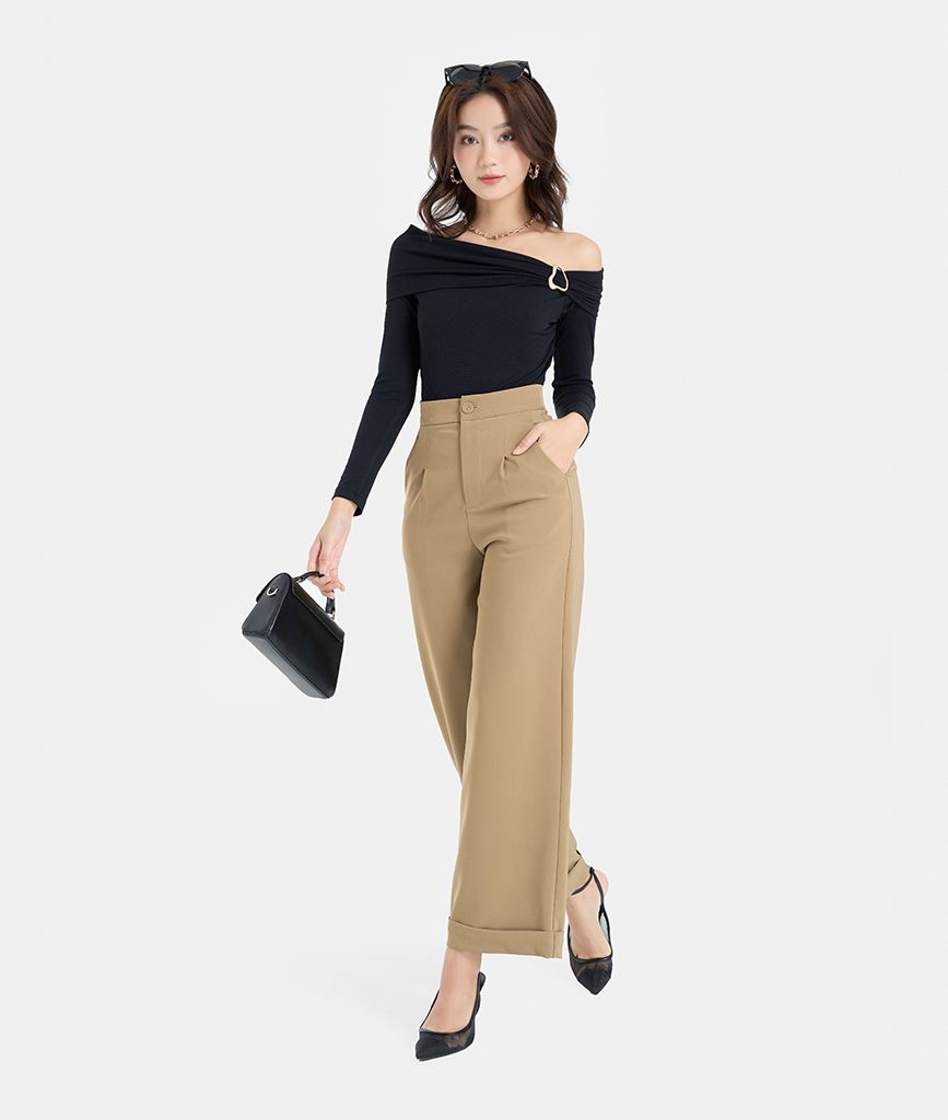 Áo thun gân offshoulder gắn khoen