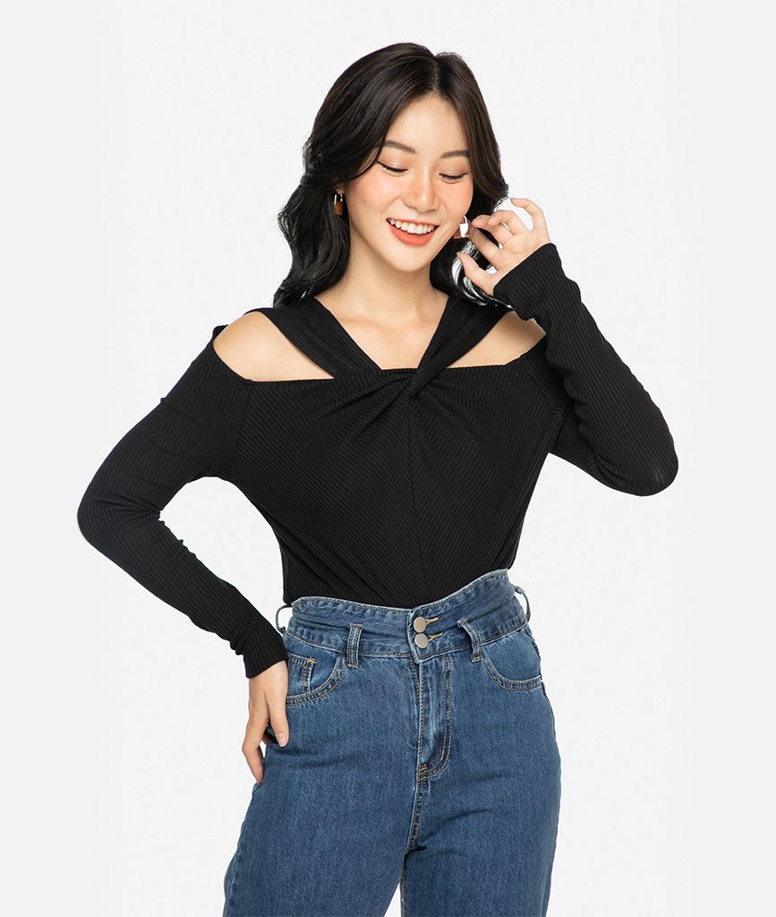 Áo knit cổ xoắn