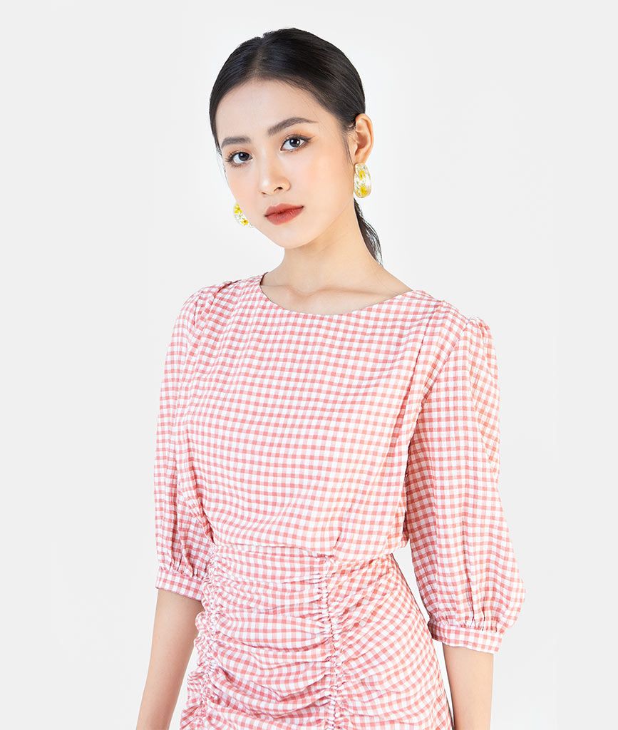 ĐẦM MINI RÚT TÙNG GINGHAM TAY LỬNG