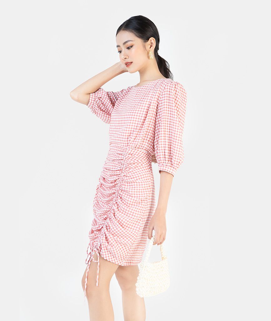 ĐẦM MINI RÚT TÙNG GINGHAM TAY LỬNG