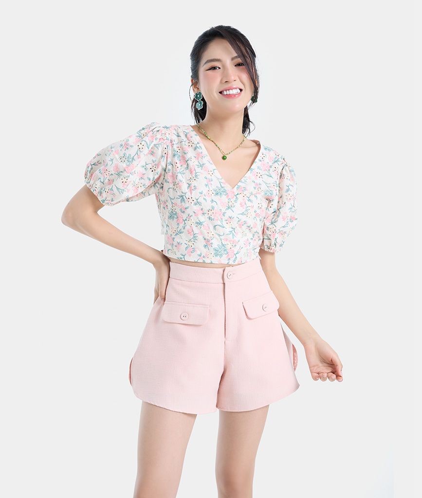 Áo kiểu croptop tay phồng cột nơ