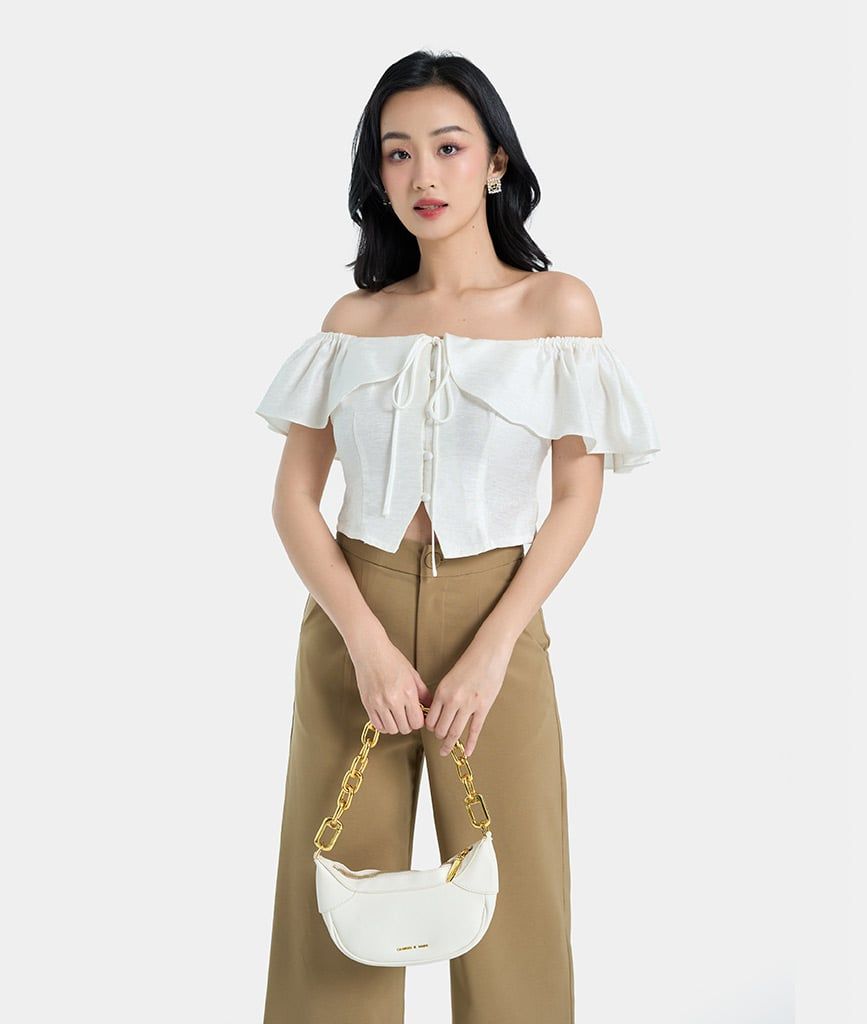 Áo croptop tay bèo nút bọc buộc nơ cổ