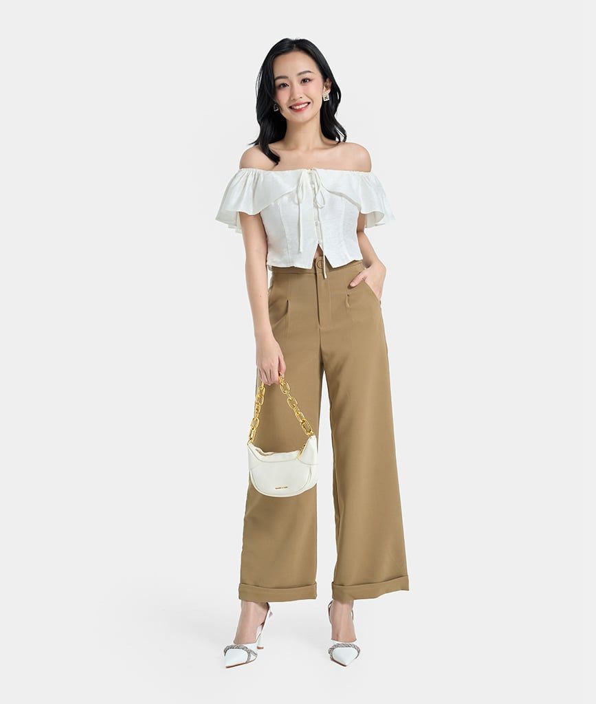 Áo croptop tay bèo nút bọc buộc nơ cổ