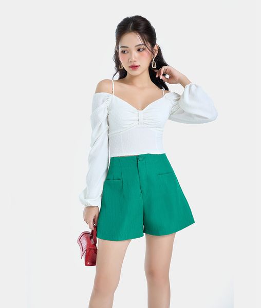  Áo kiểu croptop bẹt vai tay phồng 