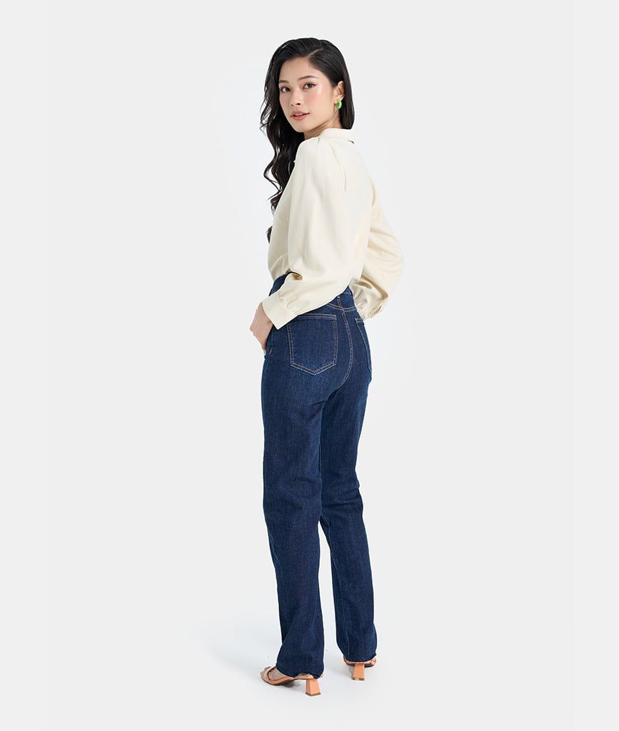 Quần jeans dài lưng cao ống côn