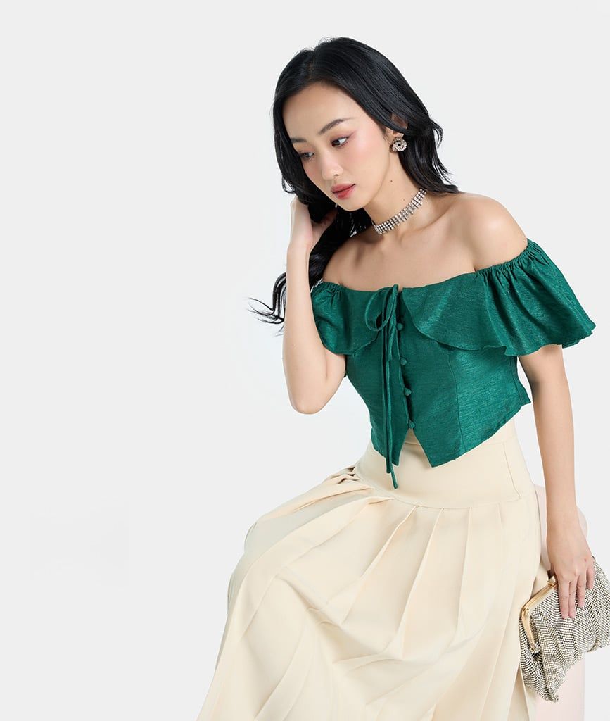 Áo croptop tay bèo nút bọc buộc nơ cổ