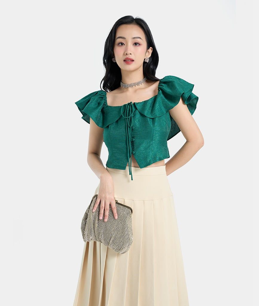 Áo croptop tay bèo nút bọc buộc nơ cổ