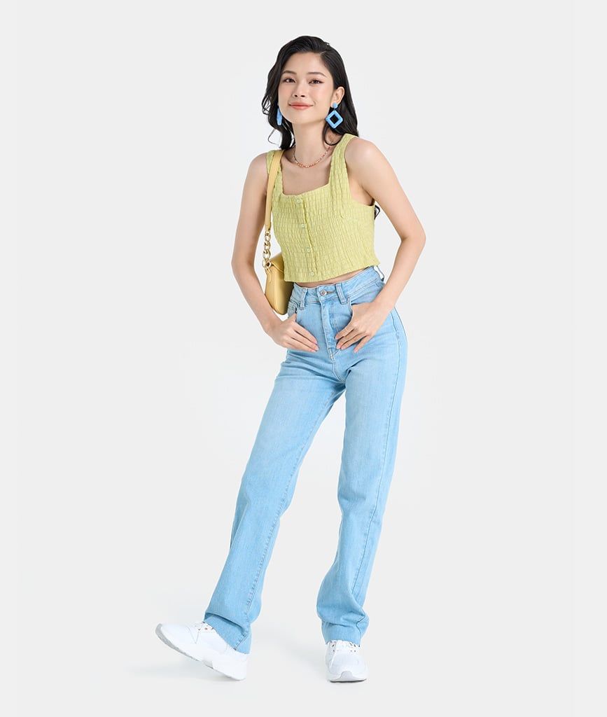 Quần jeans dài lưng cao ống côn