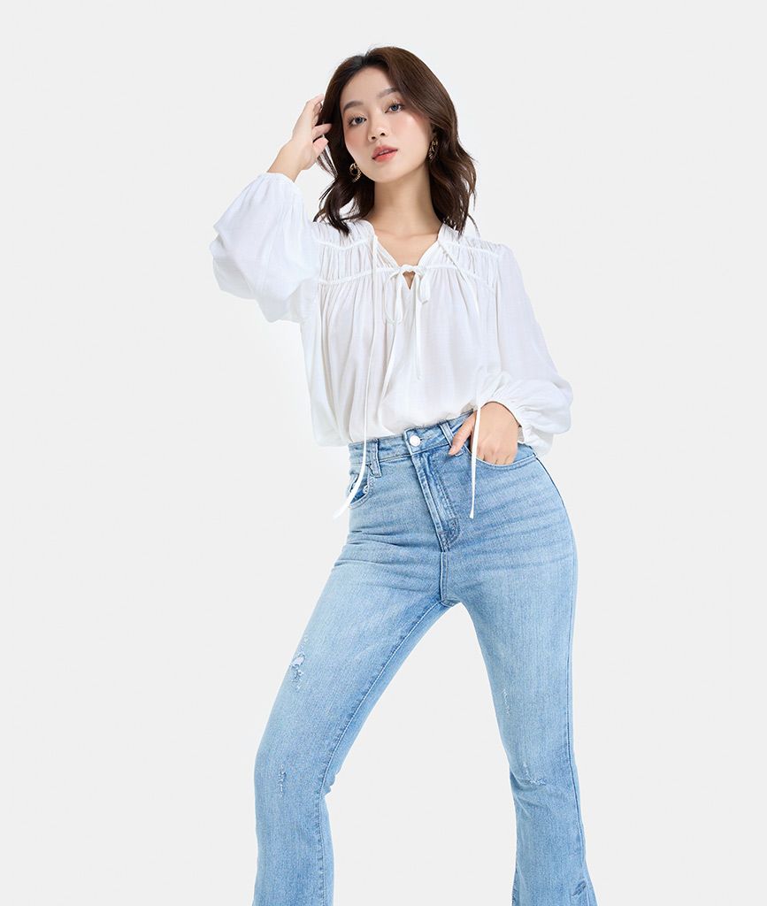 Quần dài jeans ống loa wax đùi