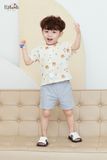  Bộ cotton Muslin Unisex tay ngắn, QUẦN SHORTS phong cách Hàn Quốc in Gấu phối quần kẻ sọc caro cho bé ECOBAMBI 