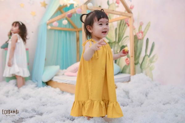  Đầm linen cổ yếm form đuôi cá bé gái 