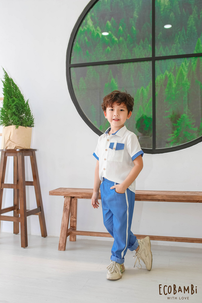 Áo sơ mi bé trai tay ngắn phối màu tencel 