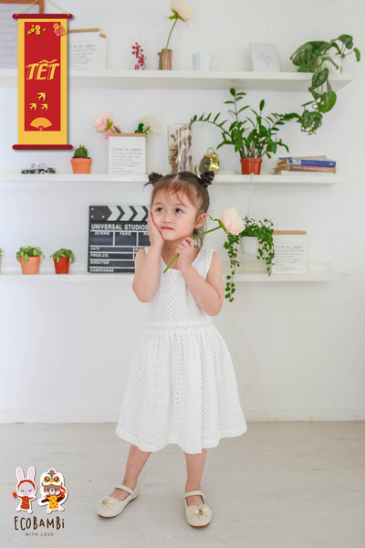  Đầm bé gái chéo lưng cotton thêu 