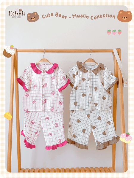  Pyjama muslin cổ lá sen phối bèo bé gái - BB-23BOBG029 - 8935334001206 