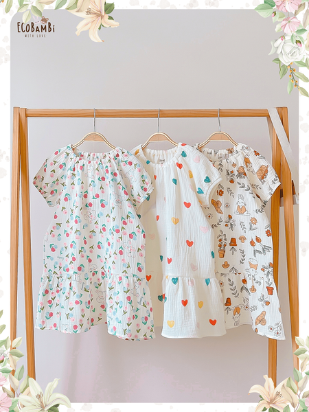  Đầm cotton muslin hoa cỏ mùa xuân dáng tay phồng - BB-23DAMBG002 - 8935334000148 