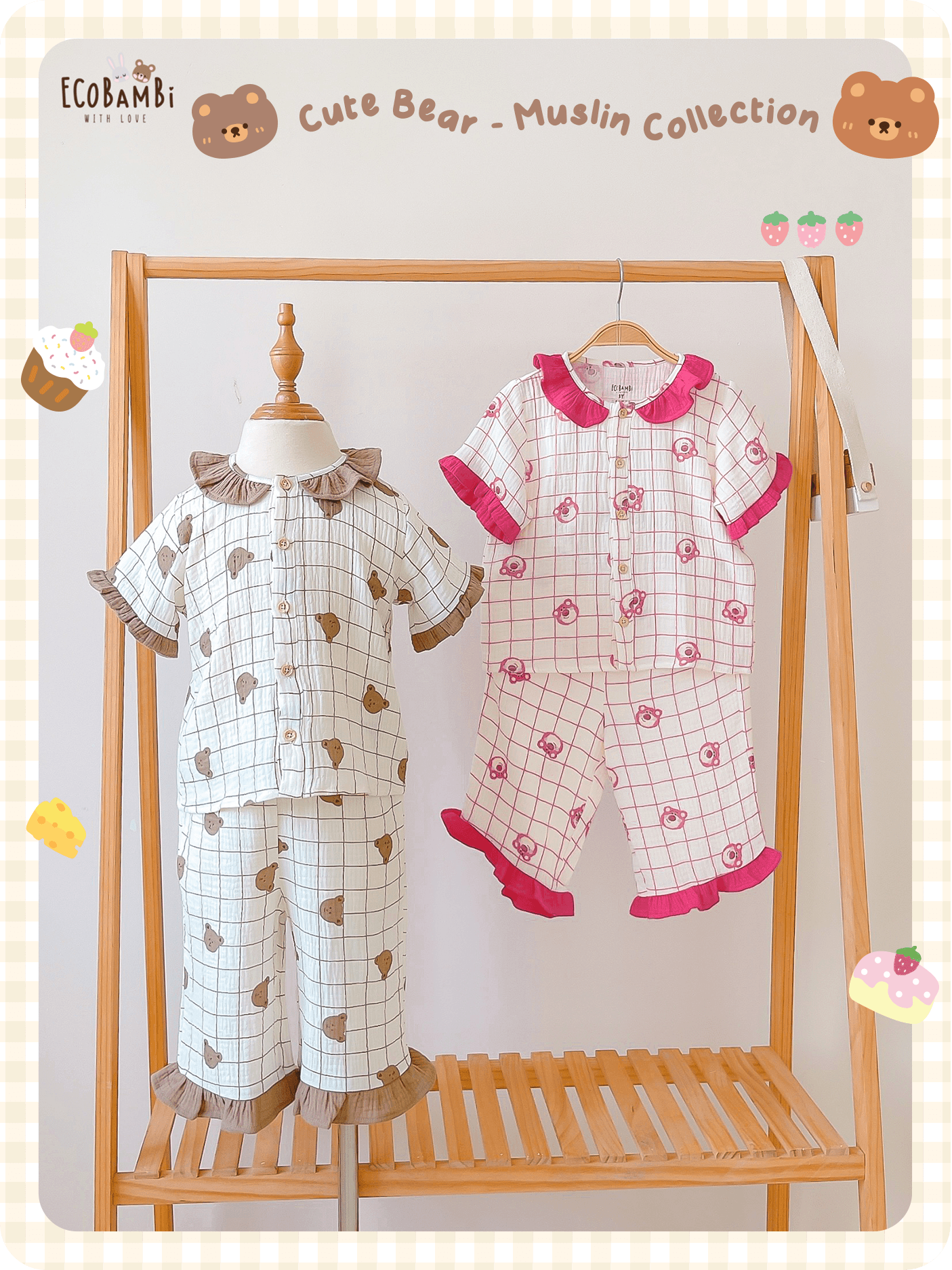  Pyjama muslin cổ lá sen phối bèo bé gái - BB-23BOBG029 - 8935334001206 