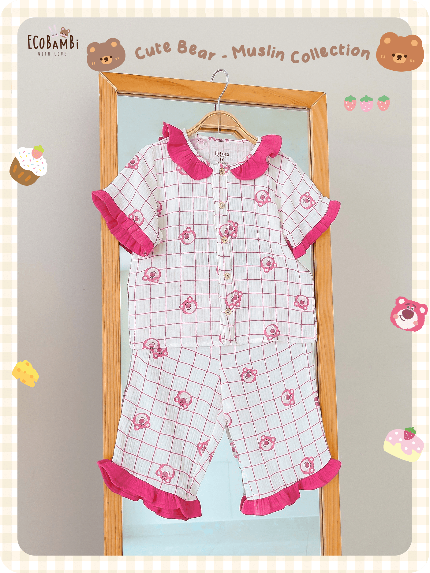  Pyjama muslin cổ lá sen phối bèo bé gái - BB-23BOBG029 - 8935334001206 