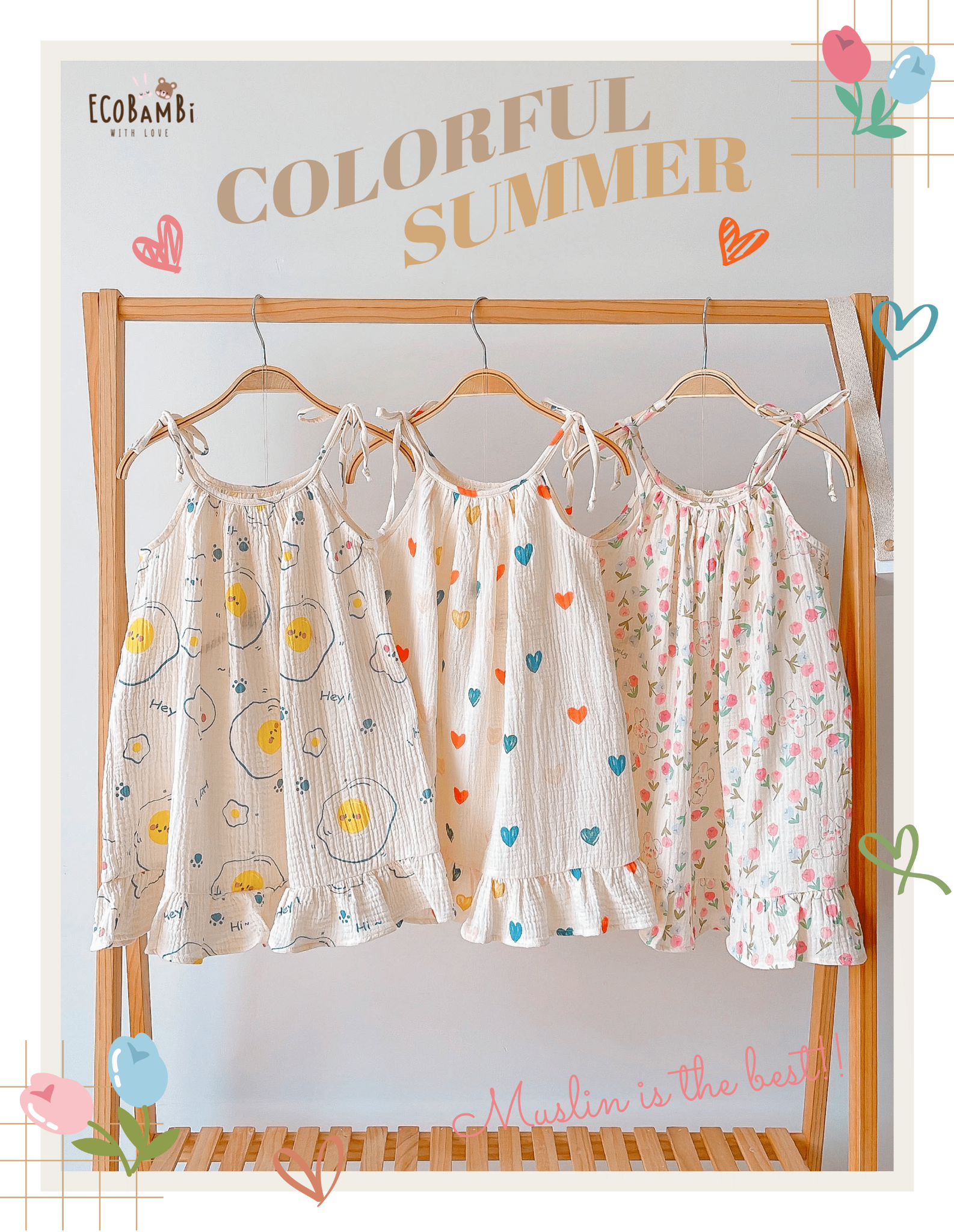  Đầm 2 dây CỔ YẾM đuôi cá cotton MUSLIN in hoạ tiết đáng yêu cho bé gái Ecobambi - BB-23DAMBG005 - 8935334000971 