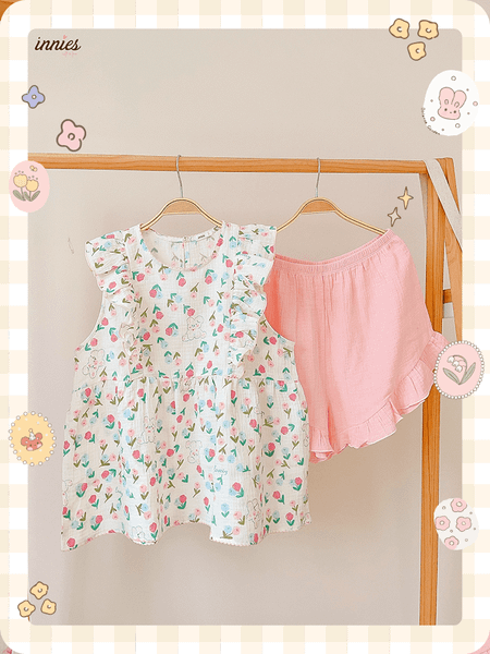  Bộ nữ 2 tay bèo cánh tiên, quần short cotton muslin, có in hoạ tiết đáng yêu Innies - IN-23BONU015 - 8935334001268 