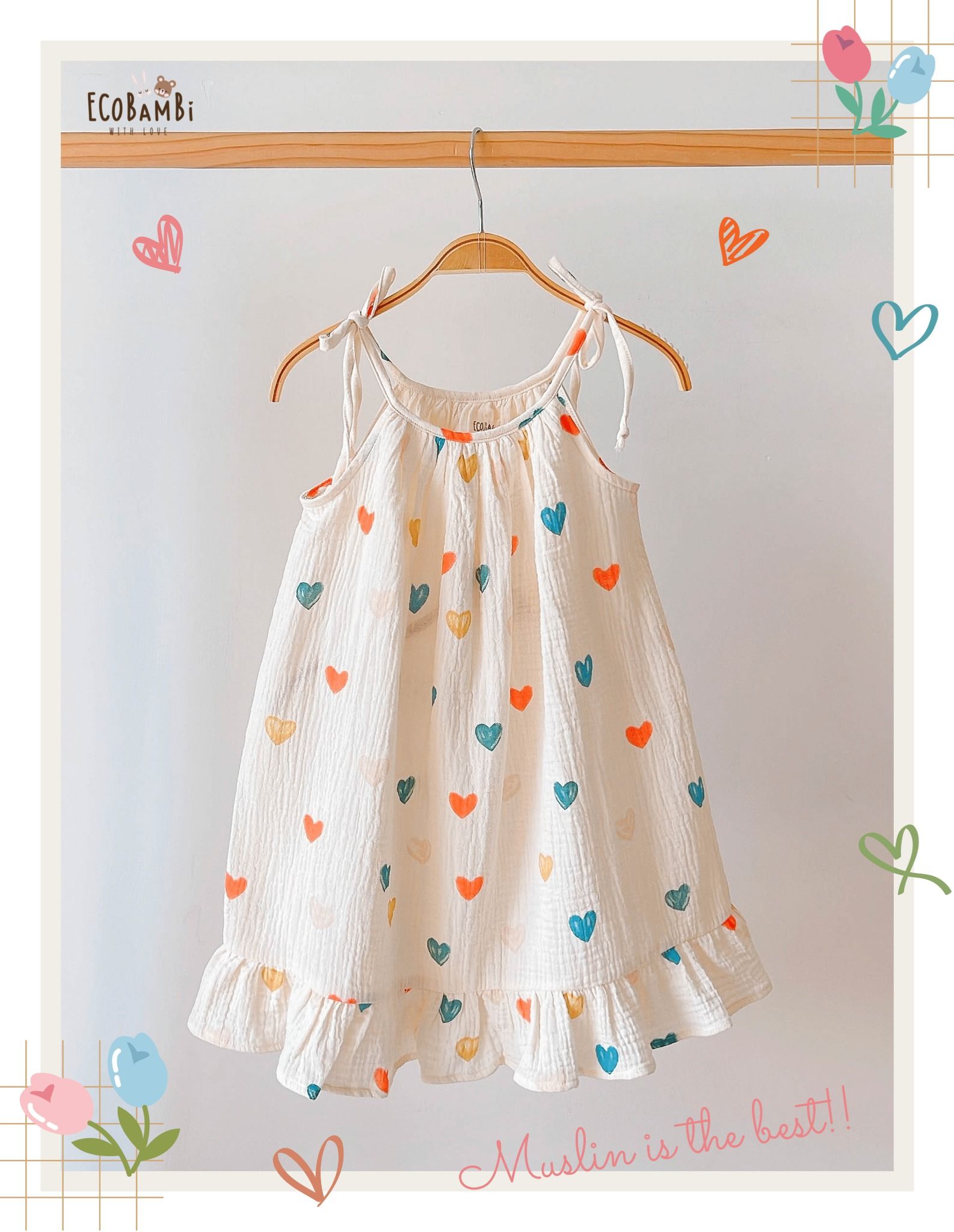  Đầm 2 dây CỔ YẾM đuôi cá cotton MUSLIN in hoạ tiết đáng yêu cho bé gái Ecobambi - BB-23DAMBG005 - 8935334000971 