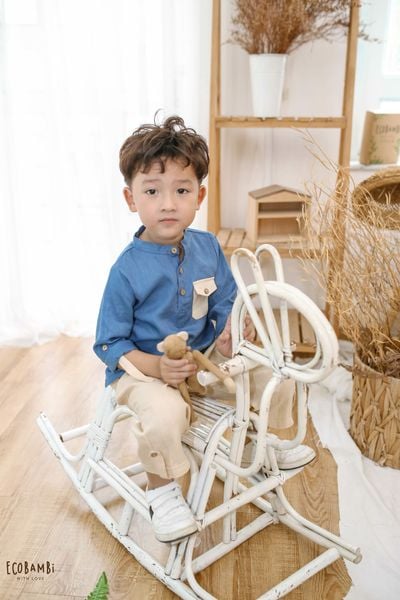  Áo sơ mi cổ trụ linen bé trai 