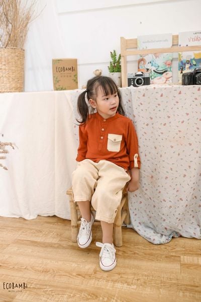  Áo sơ mi cổ trụ linen bé trai 