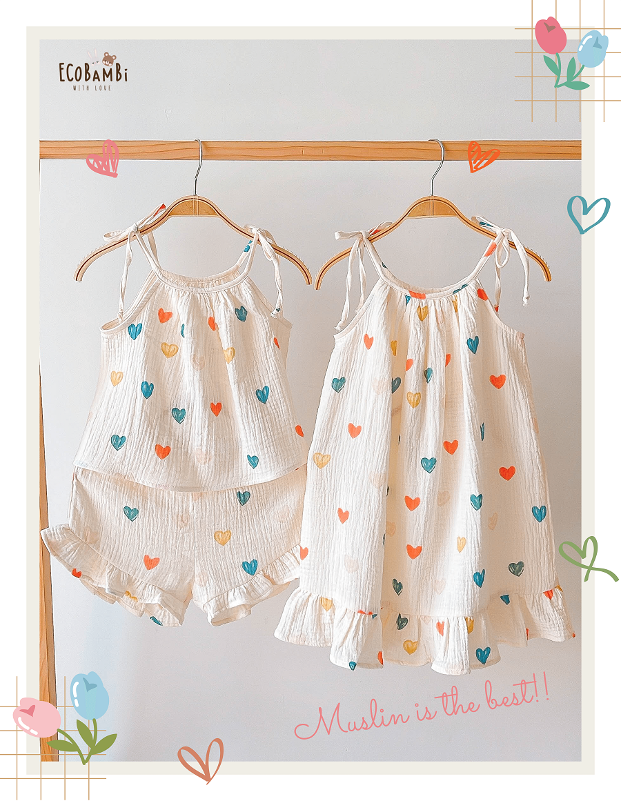  Đầm 2 dây CỔ YẾM đuôi cá cotton MUSLIN in hoạ tiết đáng yêu cho bé gái Ecobambi - BB-23DAMBG005 - 8935334000971 