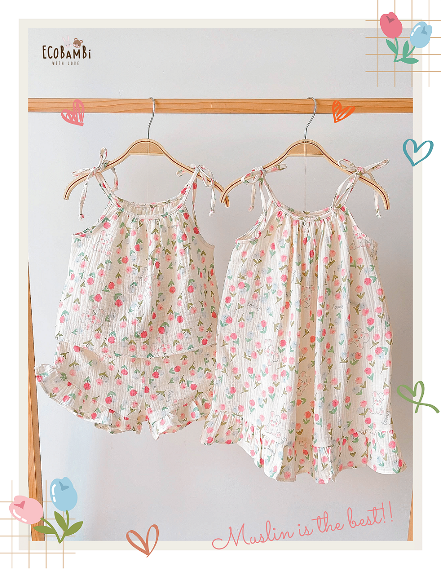  Đầm 2 dây CỔ YẾM đuôi cá cotton MUSLIN in hoạ tiết đáng yêu cho bé gái Ecobambi - BB-23DAMBG005 - 8935334000971 