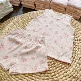  Bộ thun Hàn bé gái sát nách kiểu dệt jacquard hoa nhí Ecobambi 