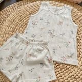  Bộ thun Hàn bé gái sát nách kiểu dệt jacquard hoa nhí Ecobambi 