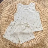  Bộ thun Hàn bé gái sát nách kiểu dệt jacquard hoa nhí Ecobambi 