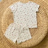  Bộ thun cotton Hàn bé gái tay ngắn kiểu dệt jacquard hoa nhí Ecobambi 