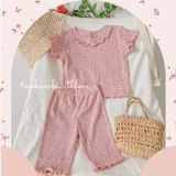  Bộ cotton thun Hàn kiểu dệt Jacquard tay ngắn cổ bèo quần lửng bé gái - 8935334000605 