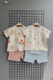  Bộ cotton Muslin Unisex tay ngắn, QUẦN SHORTS phong cách Hàn Quốc in Gấu phối quần kẻ sọc caro cho bé ECOBAMBI 