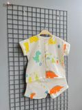  Bộ cotton Muslin Unisex tay ngắn, QUẦN SHORTS phong cách Hàn Quốc in Gấu phối quần kẻ sọc caro cho bé ECOBAMBI 