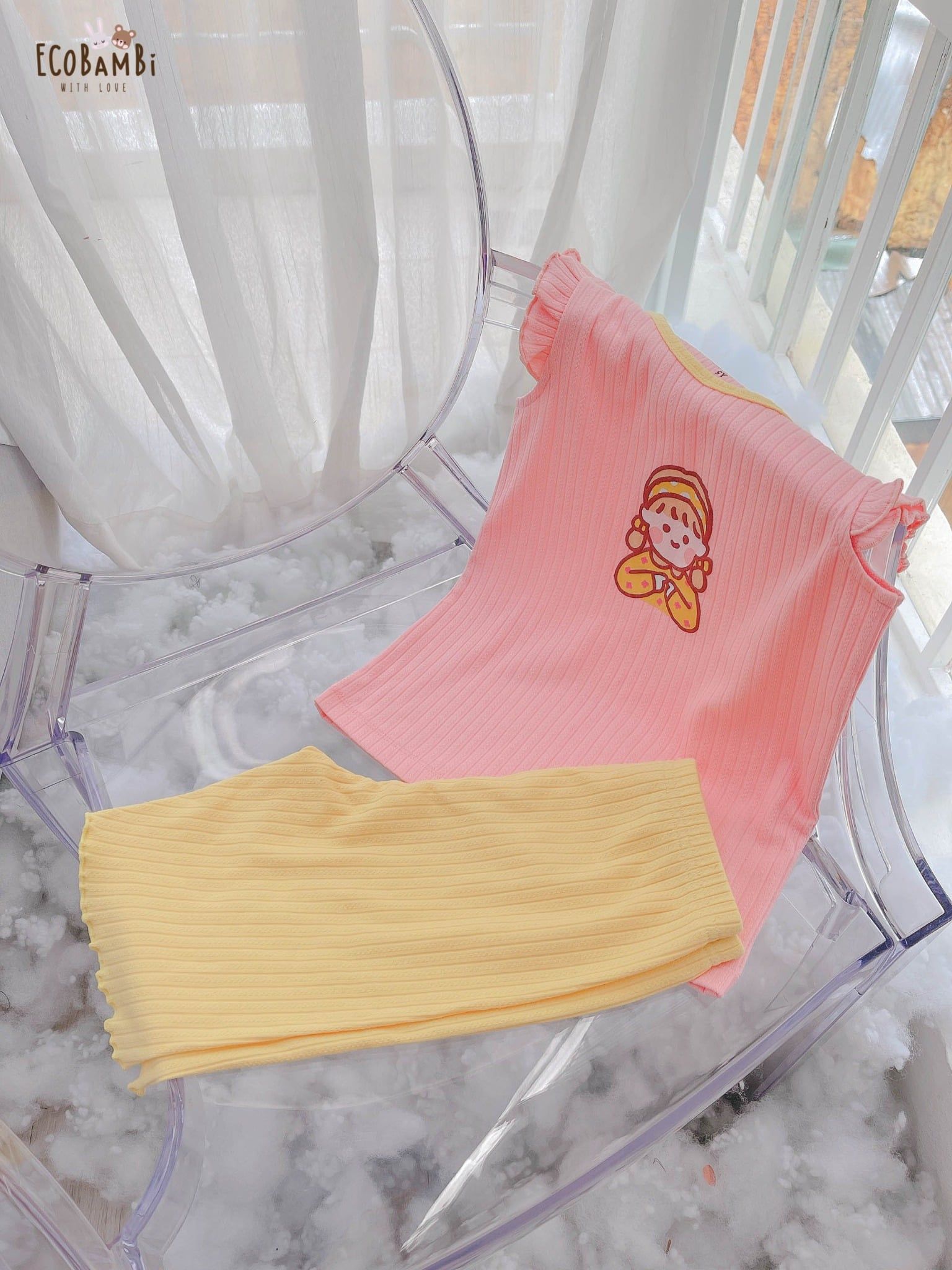  [PREMIUM] Bộ cánh tiên bé gái chất liệu thun Pointelle dệt hoa nổi cao cấp in họa tiết đáng yêu ECOBAMBI 