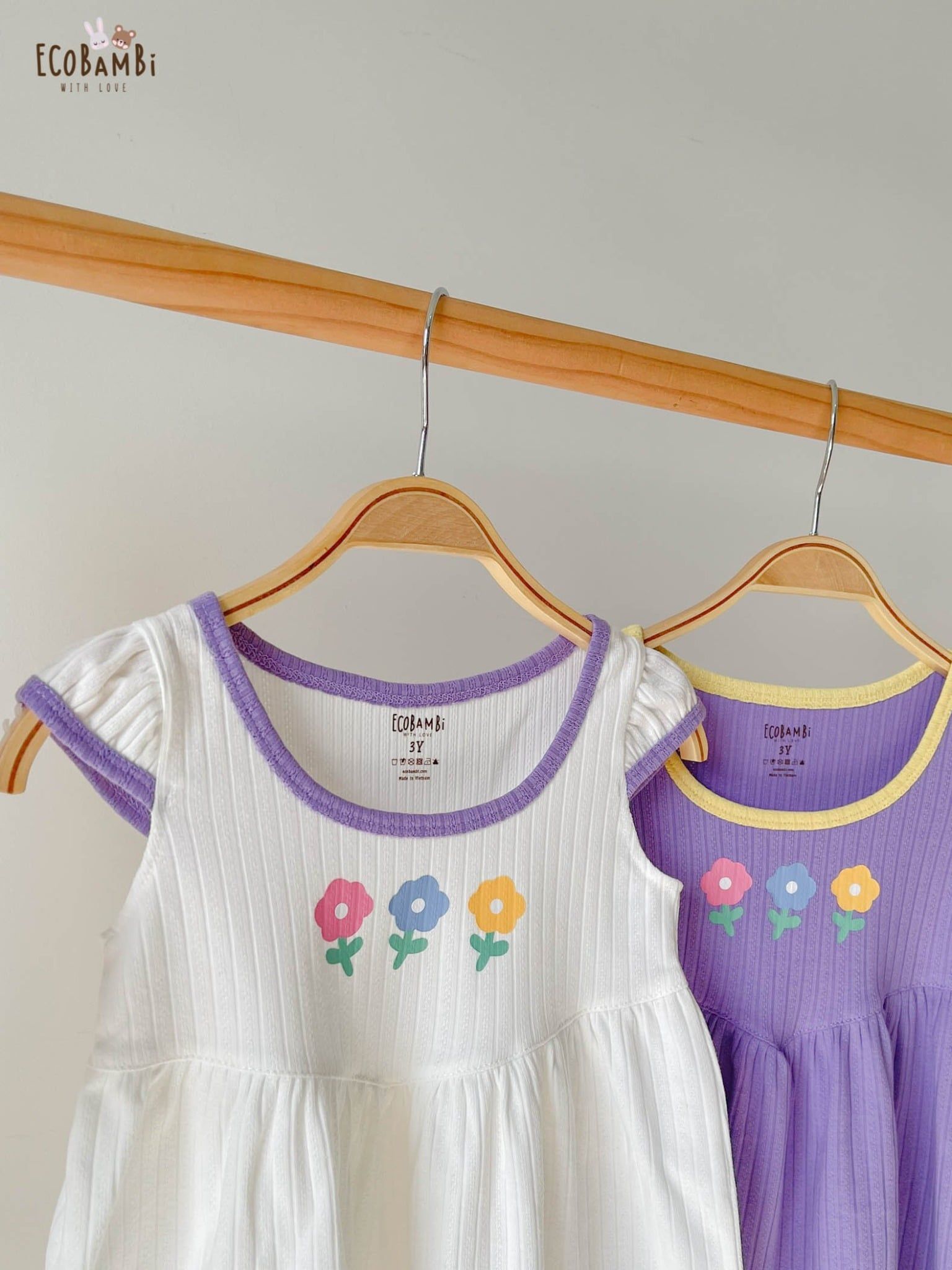  [PREMIUM] Đầm công chúa eo tim bé gái chất liệu thun Pointelle phiên bản Premium dệt hoa nổi cao cấp in họa tiết đáng yêu ECOBAMBI 