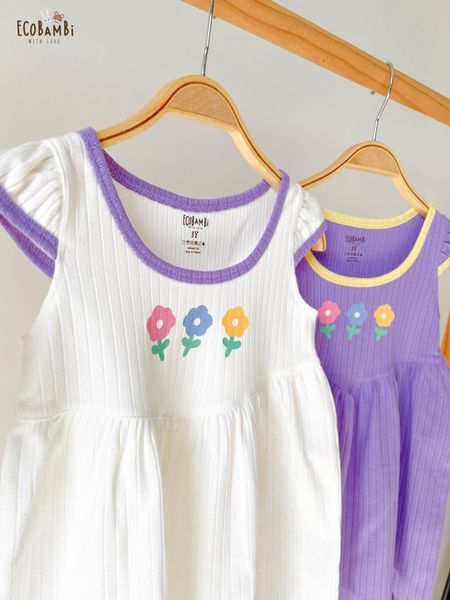  [PREMIUM] Đầm công chúa eo tim bé gái chất liệu thun Pointelle phiên bản Premium dệt hoa nổi cao cấp in họa tiết đáng yêu ECOBAMBI 