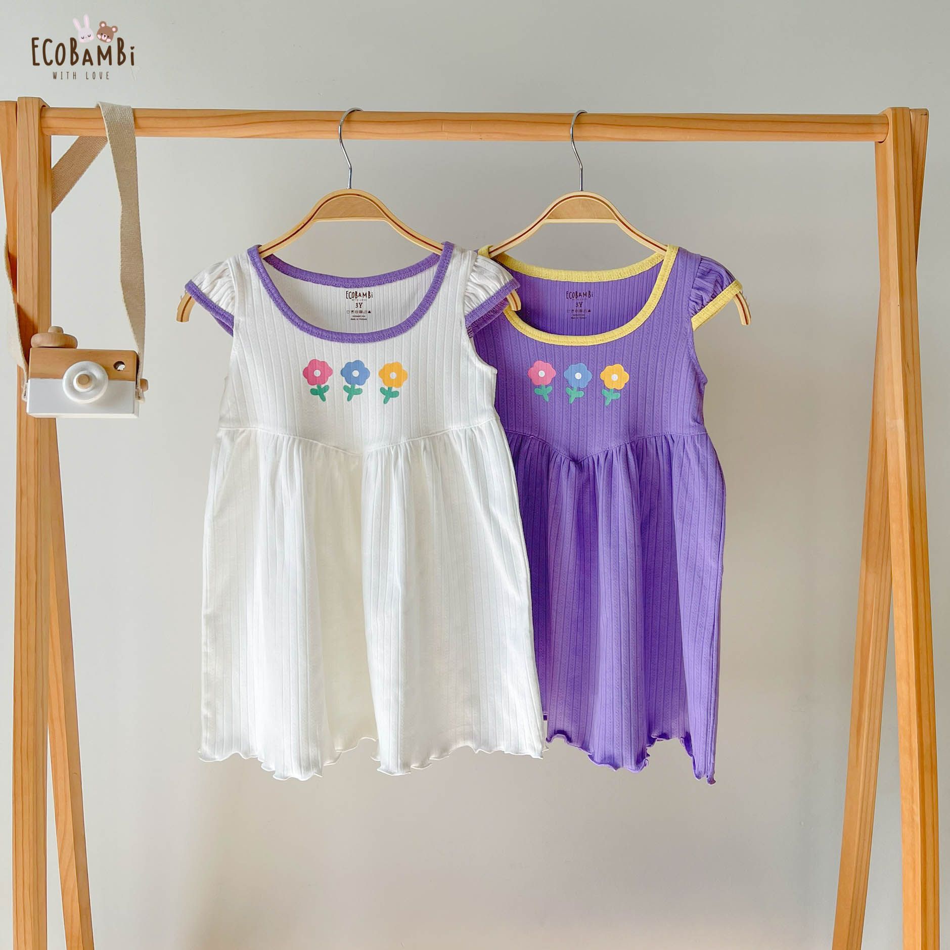  [PREMIUM] Đầm công chúa eo tim bé gái chất liệu thun Pointelle phiên bản Premium dệt hoa nổi cao cấp in họa tiết đáng yêu ECOBAMBI 