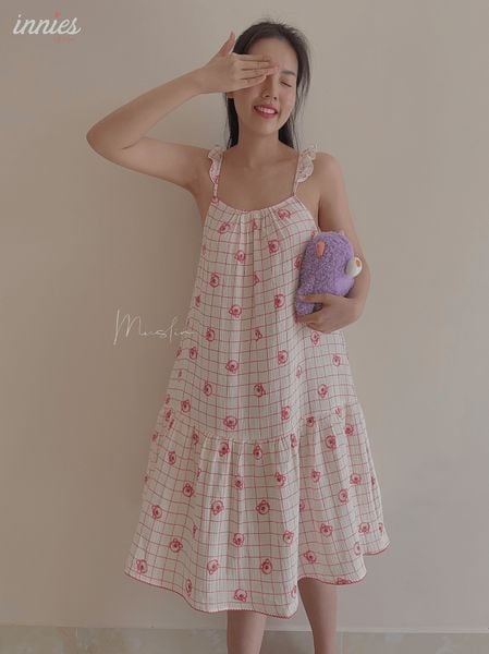  Đầm nữ 2 dây cánh tiên cotton muslin, dáng xoè in hoạ tiết đáng yêu mặc nhà cho nữ Innies - IN-23DAMNU012 - 8935334001152 
