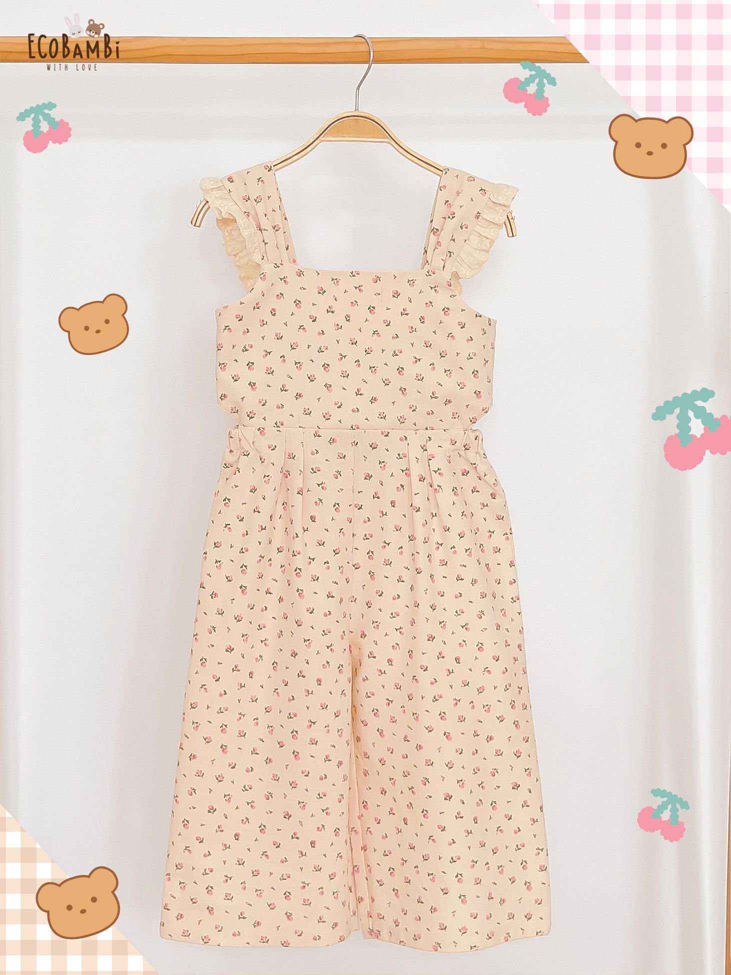  Jumpsuit linen khoét eo phối ren bé gái ECOBAMBI - BB-23JUMPBG048 - 8935334001336 