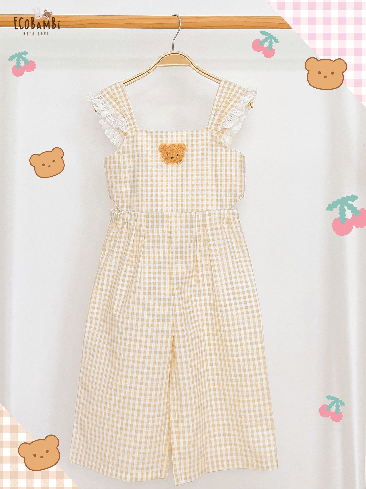  Jumpsuit linen khoét eo phối ren bé gái ECOBAMBI - BB-23JUMPBG048 - 8935334001336 