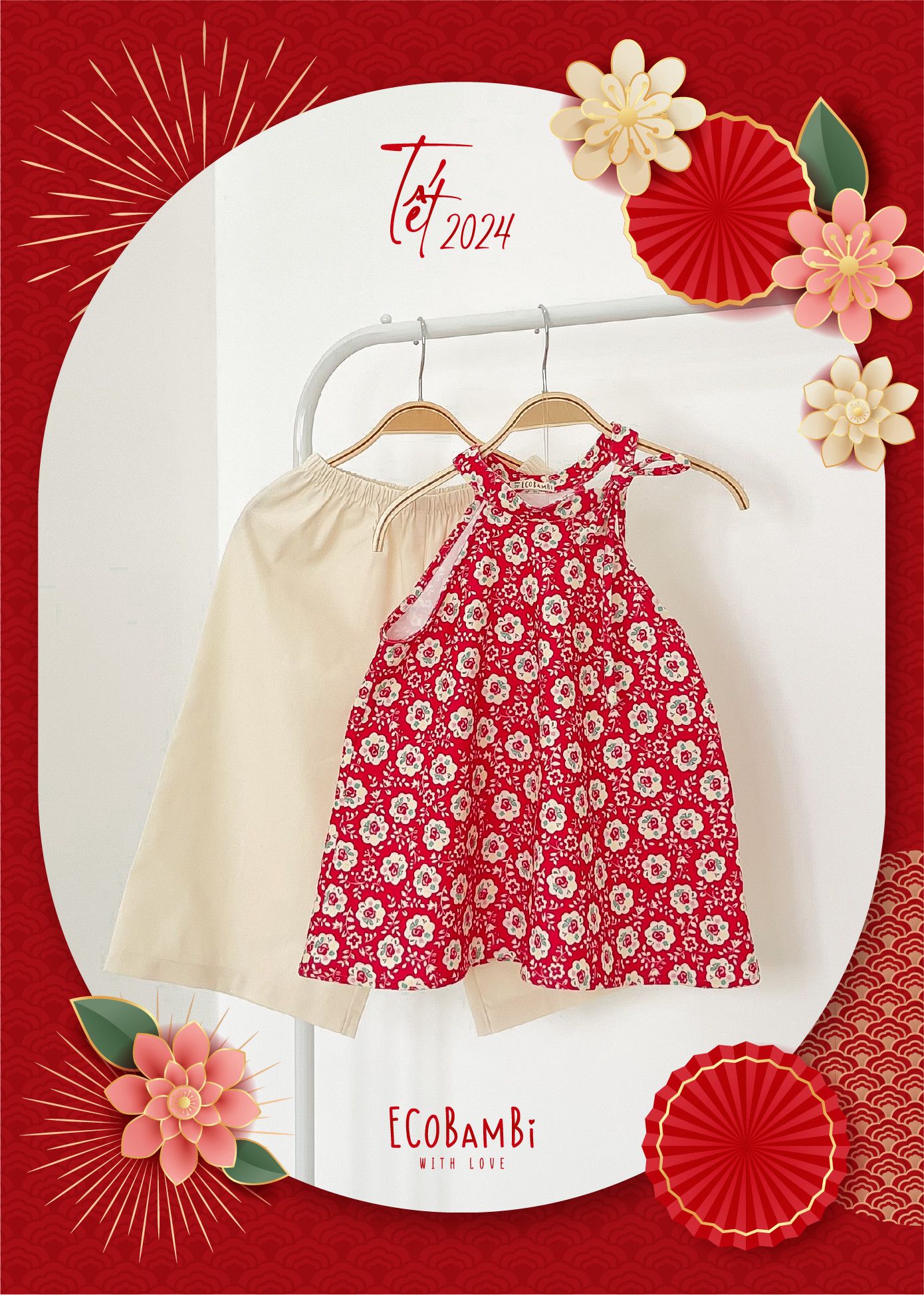  Set yếm Tết nhung hoa phối linen bé gái ECOBAMBI - BB-23YEMBG063 - 8935334001411 