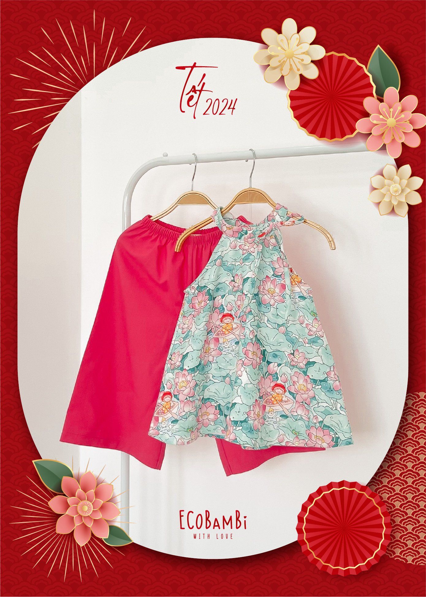  Set yếm Tết nhung hoa phối linen bé gái ECOBAMBI - BB-23YEMBG063 - 8935334001411 