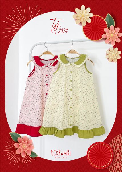  Đầm xoè đuôi cá cổ lá sen, thiết kế mang đậm phong cách Vintage cao cấp dành cho bé gái chất liệu linen - cotton in hoạ tiết hoa nhí ECOBAMBI - 8935334000858 