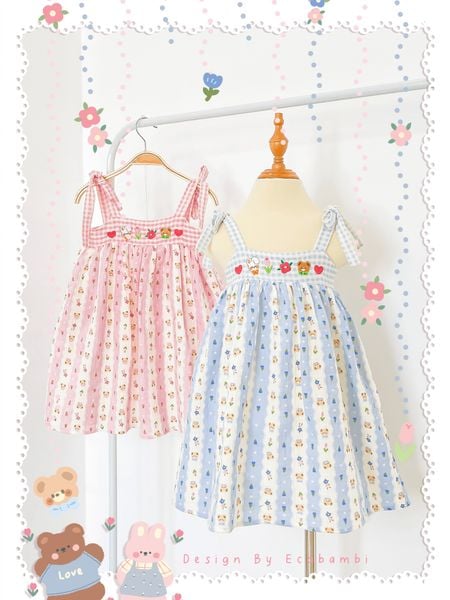  Đầm muslin phối caro, thêu hoa bé gái ECOBAMBI - BB-23DAMBG058 - 8935334001428 
