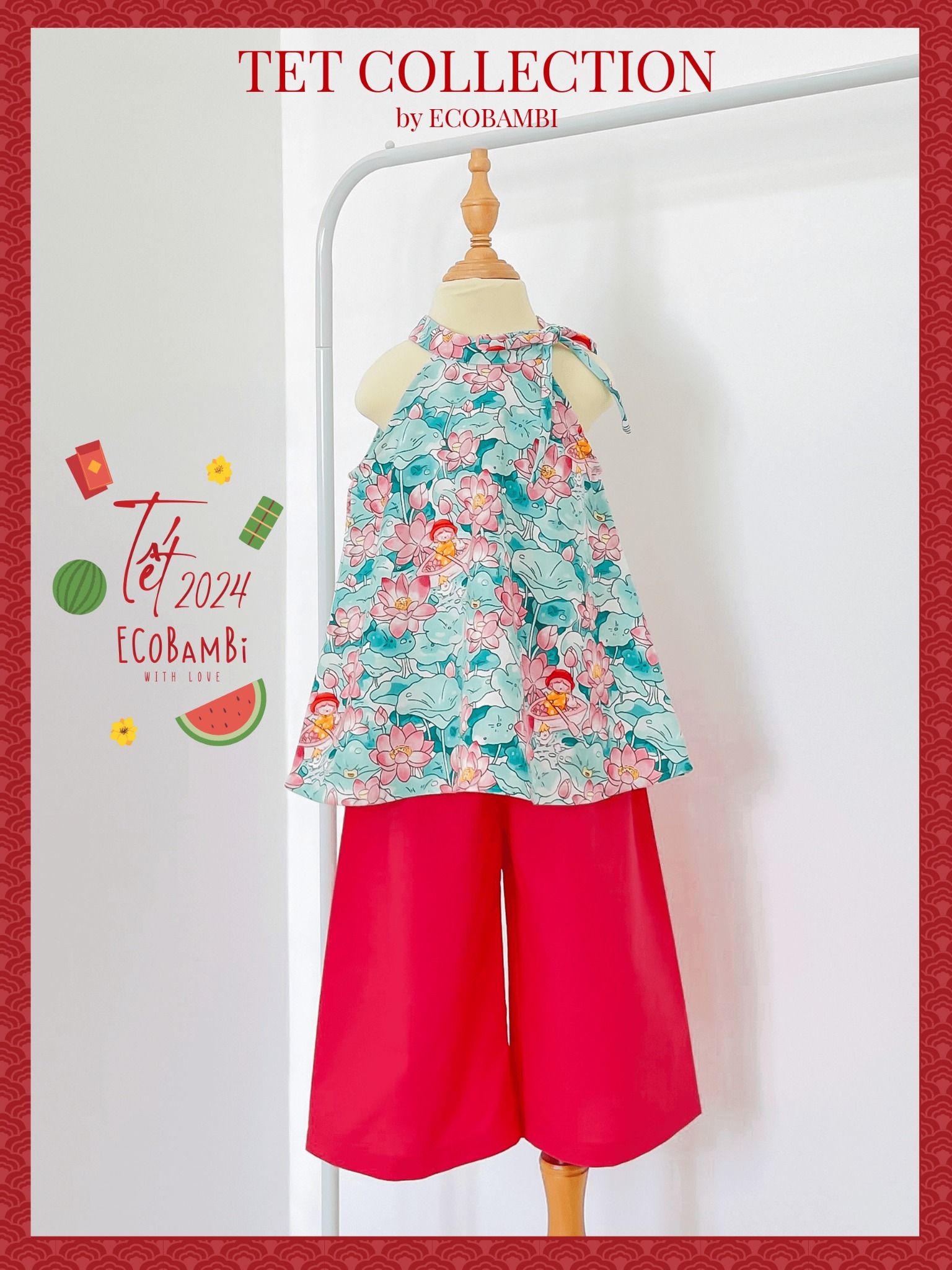  Set yếm Tết nhung hoa phối linen bé gái ECOBAMBI - BB-23YEMBG063 - 8935334001411 