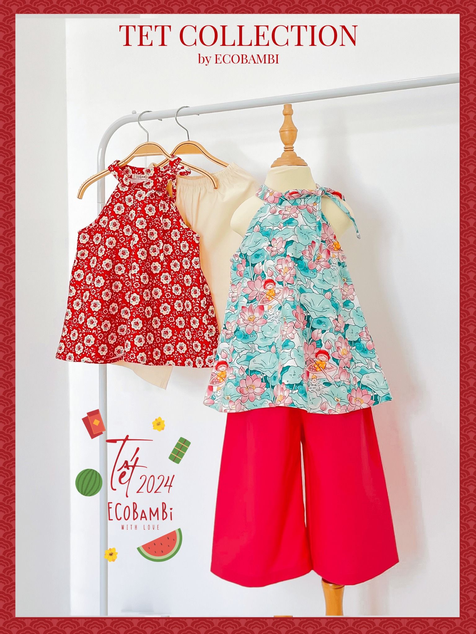  Set yếm Tết nhung hoa phối linen bé gái ECOBAMBI - BB-23YEMBG063 - 8935334001411 