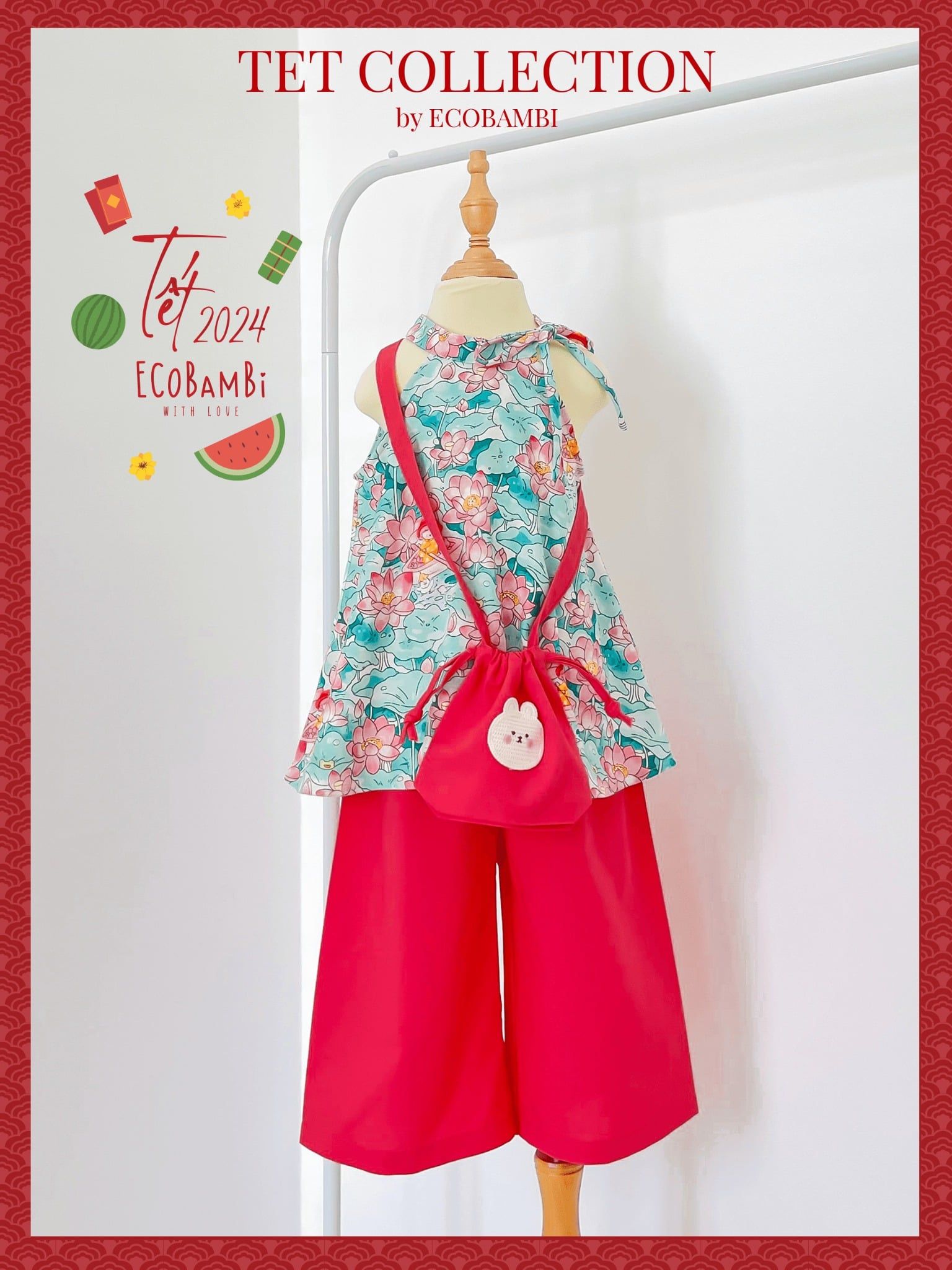  Set yếm Tết nhung hoa phối linen bé gái ECOBAMBI - BB-23YEMBG063 - 8935334001411 